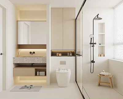 Modern Bathroom Interior With Light Colored Vanity Toilet Glass Shower And Storage Cabinets 3d model