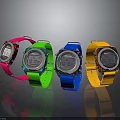 Four Colorful Digital Watches With Pink Green Blue Yellow Straps And Modern Design