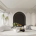 Elegant Modern Living Room Interior With Arched Black Fireplace White Sofa Green Plants And Pillows