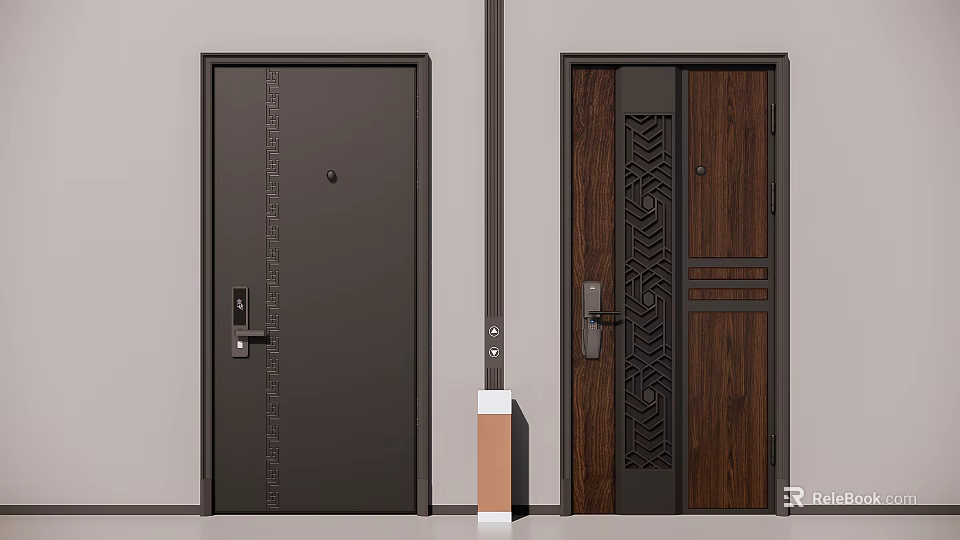 Security Door Designs with Dark Gray and Brown Wooden Texture Decorative Patterns and Locks 3d model 