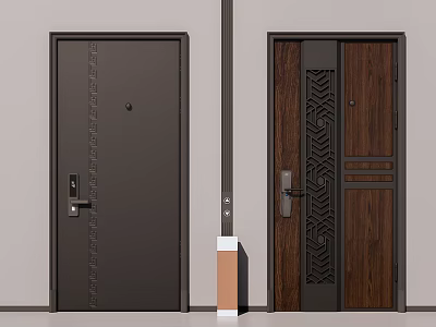 Security Door Designs with Dark Gray and Brown Wooden Texture Decorative Patterns and Locks 3d model