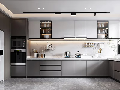 Modern Kitchen Interior With Gray Cabinets Marble Countertop And Appliances 3d model
