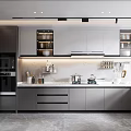 Modern Kitchen Interior With Gray Cabinets Marble Countertop And Appliances