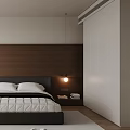 Modern Minimalist Bedroom Interior With Wooden Headboard White Quilt Desk Lamp And Rug