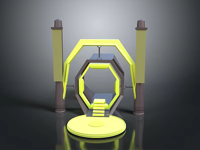 Modern Abstract Structure with Yellow Frame Brown Pillars Steps and Circular Base 3d model