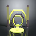 Modern Abstract Structure with Yellow Frame Brown Pillars Steps and Circular Base