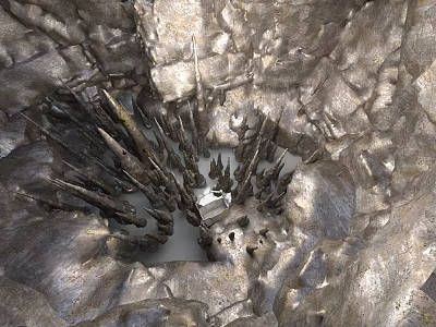 Underground Cave Interior With Sharp Stalagmites Water Pool And Rocky Surfaces 3d model