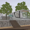 Modern Cabins With Stone Wall Wooden Stairs Glass Walls Wooden Deck And Trees