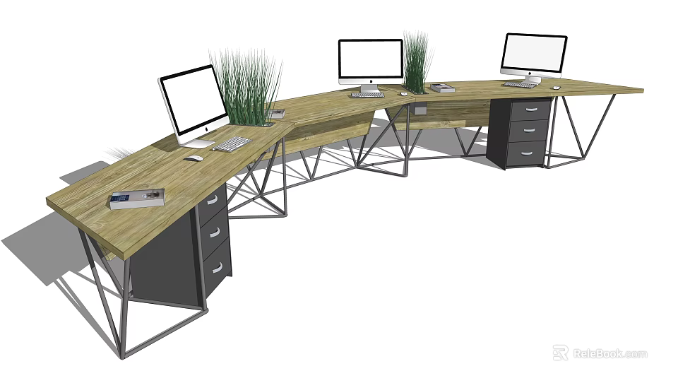 Modern Curved Wooden Office Desk With Metal Frame Computer Monitors Drawers And Grass 3d model 