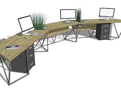 Modern Curved Wooden Office Desk With Metal Frame Computer Monitors Drawers And Grass 3d model