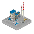 Industrial Equipment in Processing Plant with Blue Structure White Chimney Yellow Loader and Conveyor System