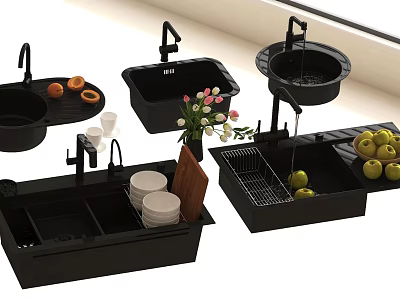 Black Kitchen Sink with Faucet Fruits Plates Cutting Board and Flower Bouquet 3d model