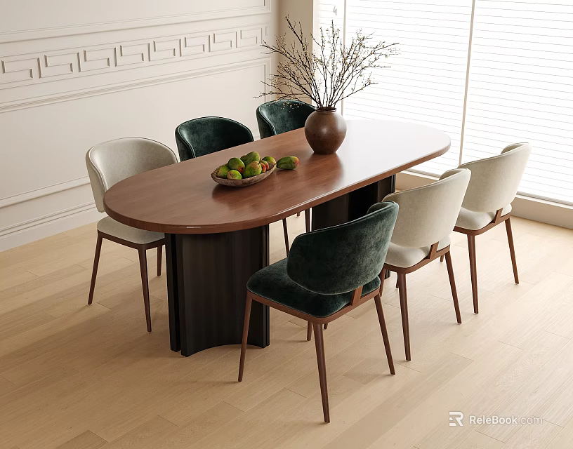 Stylish Oval Wooden Dining Table With Dark Green Light Velvet Chairs Fruits Vase White Wall 3d model 