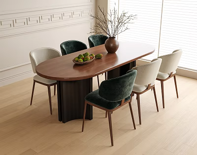 Stylish Oval Wooden Dining Table With Dark Green Light Velvet Chairs Fruits Vase White Wall 3d model