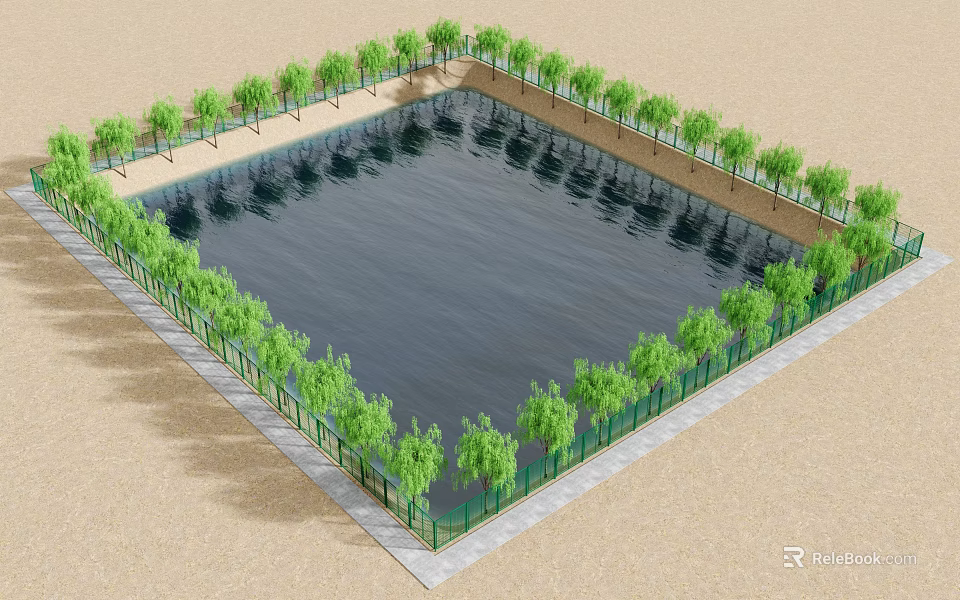 Square Water Fountain Surrounded by Green Trees with Reflective Surface on Sandy Ground 3d model 