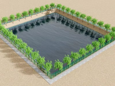 Square Water Fountain Surrounded by Green Trees with Reflective Surface on Sandy Ground 3d model