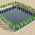 Square Water Fountain Surrounded by Green Trees with Reflective Surface on Sandy Ground