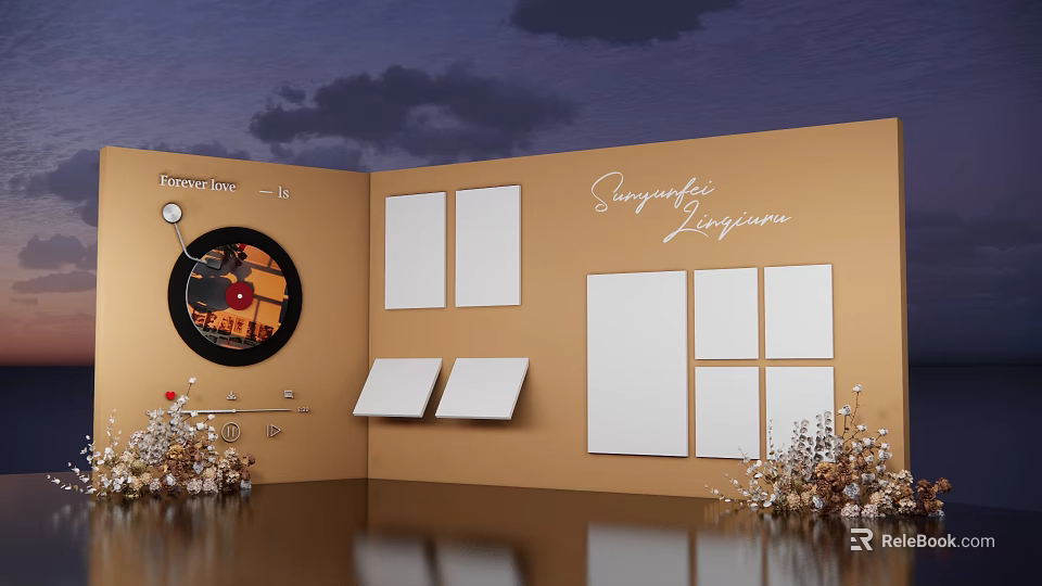 Art Display Wall Featuring Blank Frames Circular Decorative Painting Dried Flowers And Sustainable Design 3d model 