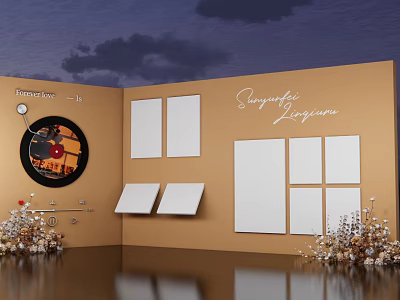 Art Display Wall Featuring Blank Frames Circular Decorative Painting Dried Flowers And Sustainable Design 3d model