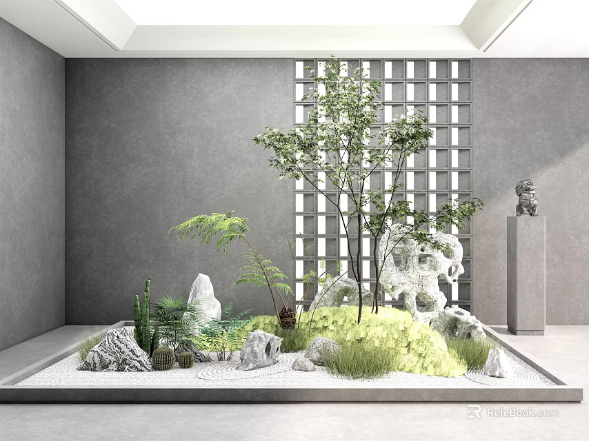 Indoor Miniature Garden Landscape With Stones Green Plants Trees Sand And Gray Walls 3d model 