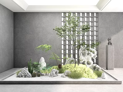 Indoor Miniature Garden Landscape With Stones Green Plants Trees Sand And Gray Walls 3d model
