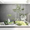Indoor Miniature Garden Landscape With Stones Green Plants Trees Sand And Gray Walls