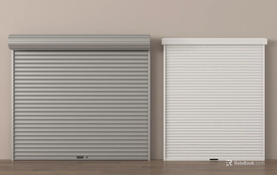 Gray And White Roller Doors With Striped Surface Against Beige Wall And Wooden Floor 3d model 