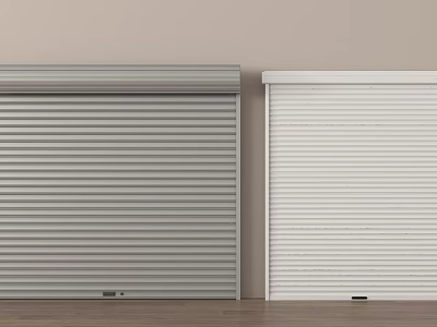Gray And White Roller Doors With Striped Surface Against Beige Wall And Wooden Floor 3d model