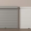 Gray And White Roller Doors With Striped Surface Against Beige Wall And Wooden Floor