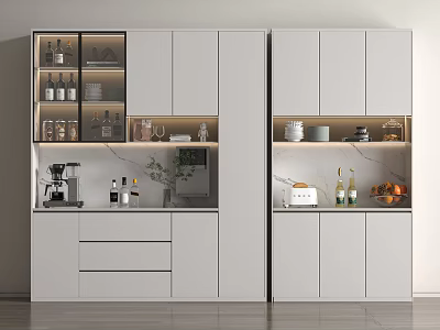 Modern White Wine Cabinet With Glass Doors And LED Lighting Displaying Wine Bottles Coffee Tools And Fruits 3d model