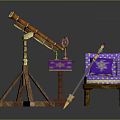 Elegant Decorative Interior With Purple Sofa Gold Accents Small Table Mirror Scepter And Brass Telescope