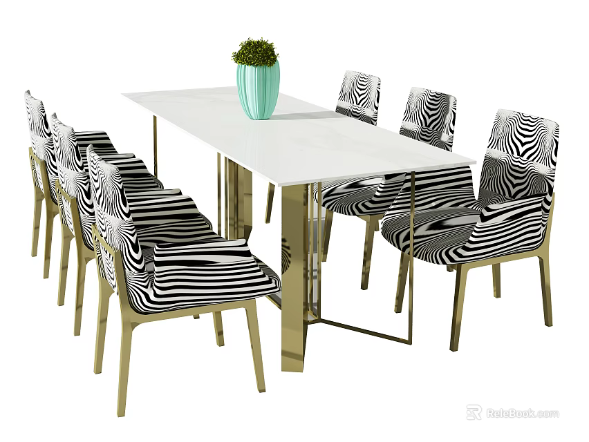 Elegant Modern Dining Table Set With White Top Metal Legs And Zebra Striped Chairs 3d model