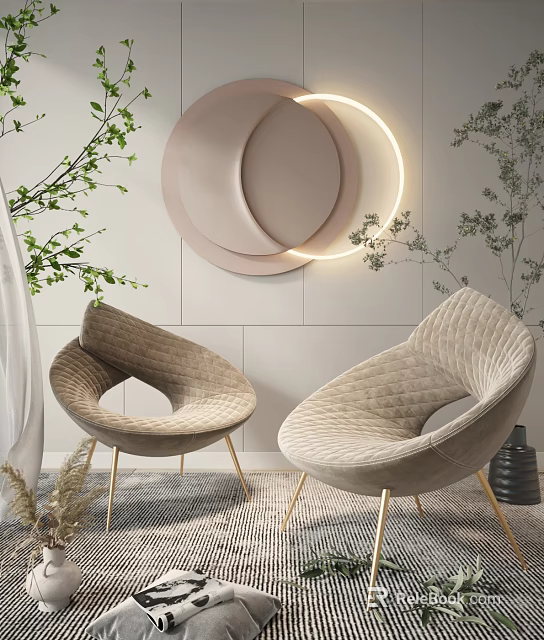 Comfortable Beige Velvet Accent Chairs With Gold Legs And Circular Wall Decor In Indoor Setting 3d model 