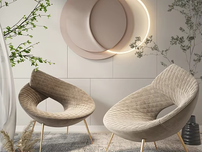 Comfortable Beige Velvet Accent Chairs With Gold Legs And Circular Wall Decor In Indoor Setting 3d model