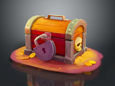 Decorative Wooden Treasure Chest With Purple Lock Gold Coins And Skull 3d model