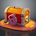 Decorative Wooden Treasure Chest With Purple Lock Gold Coins And Skull