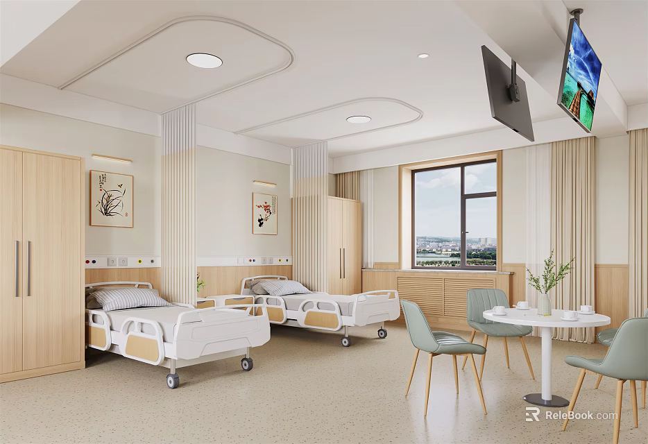 Modern Hospital Ward Interior With Two Beds Window TV And Table Chairs 3d model 