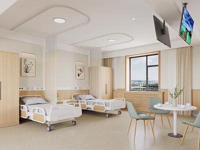 Modern Hospital Ward Interior With Two Beds Window TV And Table Chairs 3d model
