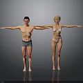 Man and Woman Posing in Underwear with Arms Outstretched Against Gray Background