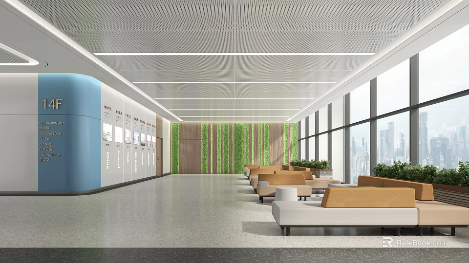 Modern Open Lounge Area Interior With Living Plant Wall Sofas Lockers Large Windows City View 3d model 