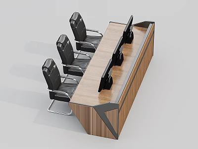 Modern Office Desk With Wooden Surface And Black Leather Chairs Contemporary Design 3d model