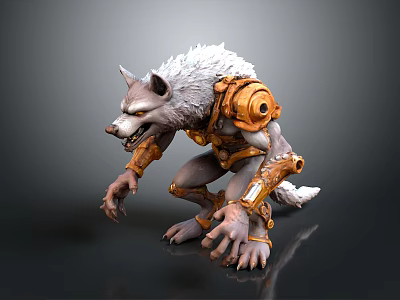 White Fur Wolf Like Creature 3D Model With Orange Mechanical Armor In Crouching Pose 3d model