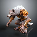 White Fur Wolf Like Creature 3D Model With Orange Mechanical Armor In Crouching Pose