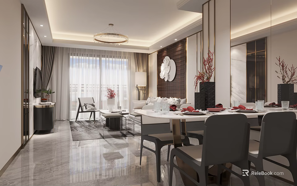Elegant Modern Dining and Living Room Interior With Sofa Dining Table Chandelier And Decorative Art 3d model 