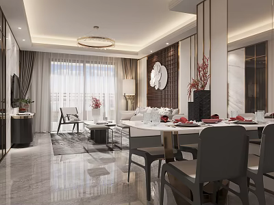 Elegant Modern Dining and Living Room Interior With Sofa Dining Table Chandelier And Decorative Art 3d model