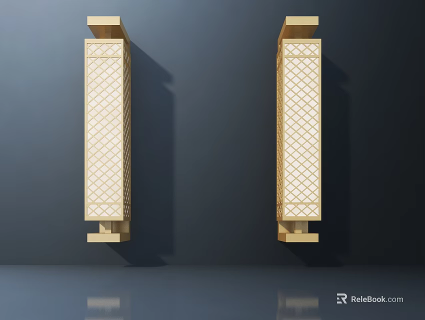 Golden Wall Sconces With Diamond Lattice Pattern Mounted On Dark Background Wall And Bottom Reflection 3d model