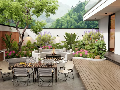 Courtyard Garden Design with Outdoor Dining Table Chairs Fire Pit Green Plants and Flowers 3d model