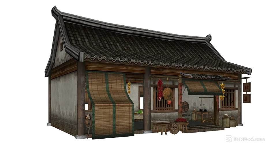 Traditional Ancient Chinese Architecture Featuring Classic Tile Roof Wooden Structure Bamboo Curtains and Front Tables 3d model 