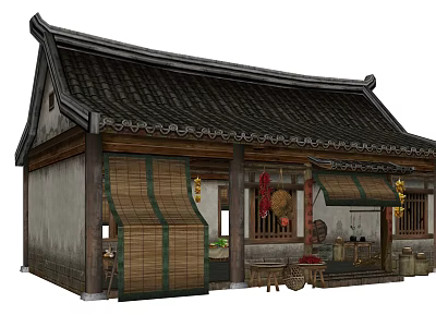 Traditional Ancient Chinese Architecture Featuring Classic Tile Roof Wooden Structure Bamboo Curtains and Front Tables 3d model