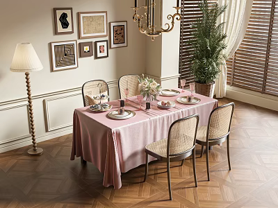 Elegant Dining Table Set With Pink Tablecloth Wicker Chairs Chandelier And Potted Plant 3d model